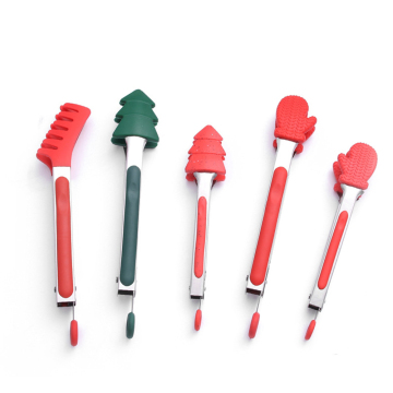 7inch to 9inch Christmas Theme Party Stainless Steel Handle Food Grade Silicone Cooking BBQ Tong