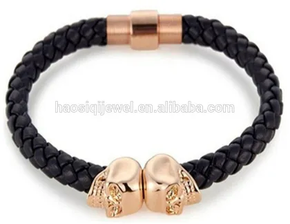 2018 black plated the north skull metal charm black leather men skull bracelet for wholesale