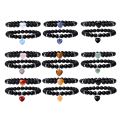 Perles rondes de pierre précieuse avec bracelets de charme de coeur Black Matte onyx Stone Stretch Bracelet Natural Stone Crystal Bangle 2pc