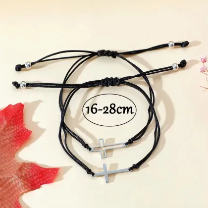 Fashion Love and Family Adjustable Hollow Christian Bible Cross Leather Bracelet - Handmade Couple Promise Bracelet