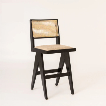 Solid White Wax Wood Indonesian Rattan Black Bar Chair with Elastic Sponge and Velvet Cushion