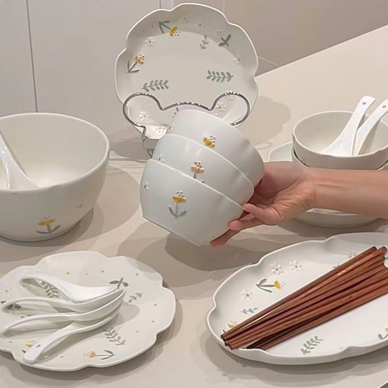 Dainty Daisies Ceramic Dinner Set with French Embossed Design