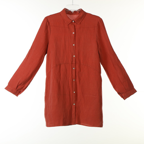 Garment Dye Linen/Viscose Long Blouse with Mother Pearl