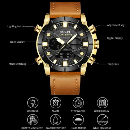 New Fashion Brand SMAEL Men Watch Leather Strap