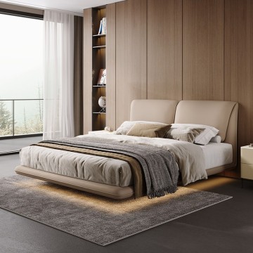 Modern Floating Platform Bed Frame with Padded Headboard