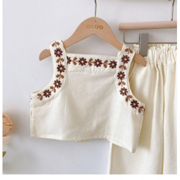 Girls Summer Suit Embroidered Pants Two Piece Set