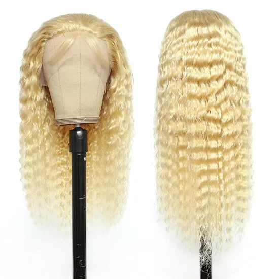 Free Sample Custom Brazilliin Humana Deep Curls Swiss 613 4X4 Closure 40 Blonde Straight 1B 37 Lace Front Human Wigs