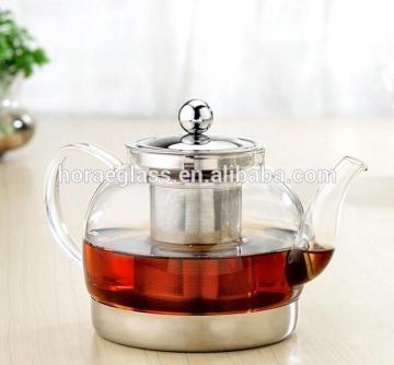 Eco-friendly blow borosilicate glass teapot with handle stainless steel cap couver holder
