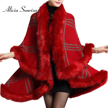 2020 Europe Winter Boutique Women's Plaid Rabbit Fur Cape Jacket Knitted Fur Cardigan Sweater Wool Coat Women Fur Shawl