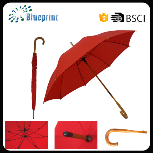 Fashional Plain Red Pongee Windproof Fiberglass Ribs Wooden Umbrella