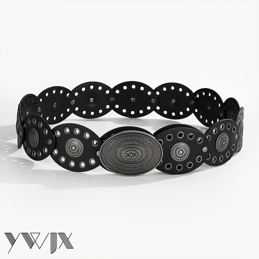 American Retro Engraved Metal Patchwork Wide Waist Belt