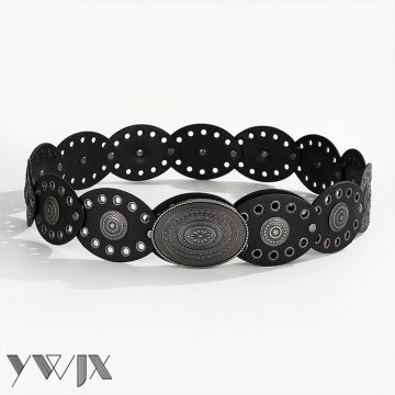 American Retro Engraved Metal Patchwork Wide Waist Belt
