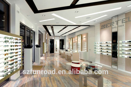 Latest decoration designs for optical shop display showcase with LED lights