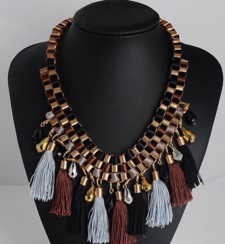 Chunky Fashion Handmade Gold Box Chains Layered Silk Cord Braid Tassel Pendant Necklace