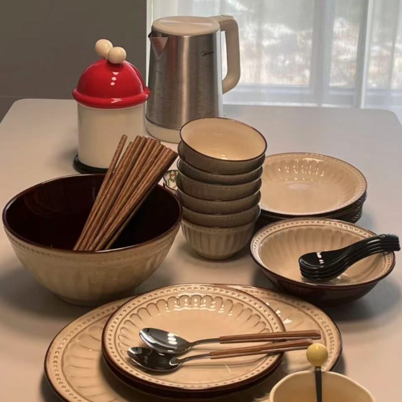Soft-Hued Ceramic Dinnerware with Dark Accents
