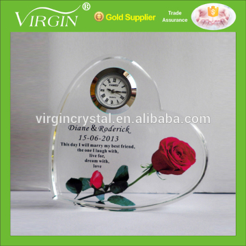 Customized love heart shape crystal clock with rose flower for wedding gift