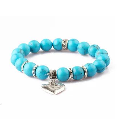 Blue Turquoise Stone Bracelet Jewelry Heart Pendant Women Beads Bracelet