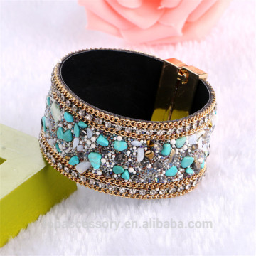 TBC6907-60 Fashion Brazilian Magnet Buckle Nature Stone Leather Wrap Boho Bracelets Braided Metal Charm bangle