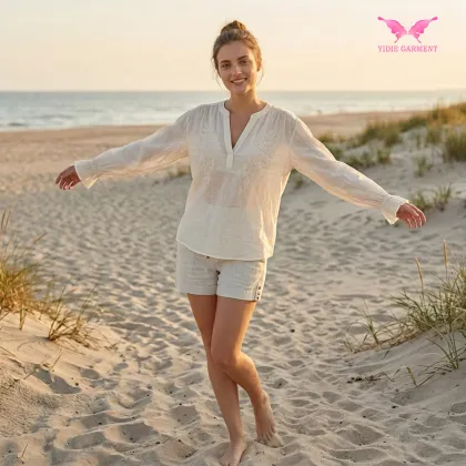 White Embroidered Linen V-Neck Blouse