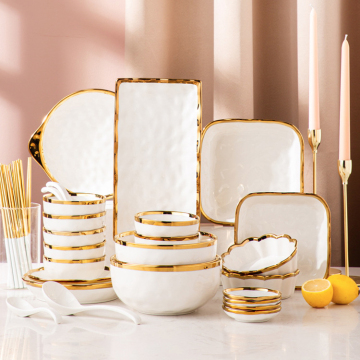 Nordic White Ceramic Dinner Plate with Gold Rim - Porcelain Dinnerware Set for Hotels