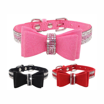 Vegan Suede Dog Collars with Glitter Bow and Rhinestones