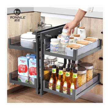 Little Monster Fully Pulled Out Kitchen Cabinet Corner Pull-Out Drawer with Pot Rack and Storage Basket