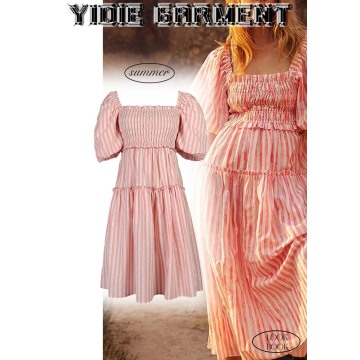 Ladies Pink Short Puff Sleeves Cake Dress