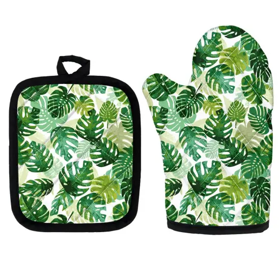 Tropical Plam Pattern Microwave Glove Potholder Polyester Oven Mitt Insulation Gloves Kitchen Pad Baking BBQ Gloves Home Decor
