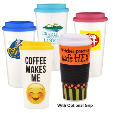 Insulated Plastic Coffee Tumbler - Reusable Double Wall Travel Cup with Lid