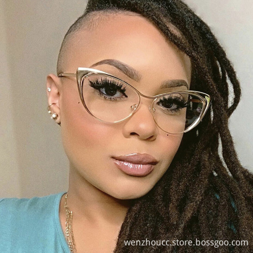 2022 New Anti-Blue Light Flat Lens Myopia Glasses Frame - 0176 Steel Leather Triangle Cat's Eye Metal Frame