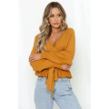 Damen V Hals Gürtel Taille Ruffle Pullover Top