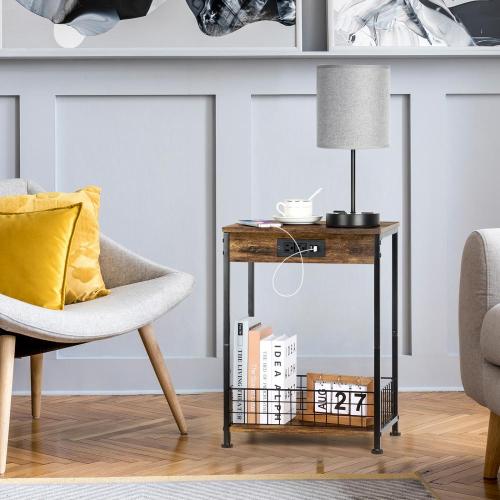 Wooden Storage Rack Bedroom End Tables with Charging Station Supplier