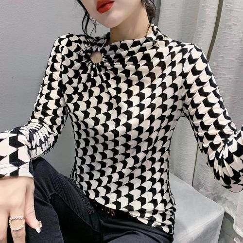 Chiffon check vintage long-sleeved top for women
