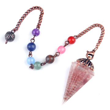 Strawberry Quartz Chip Stone Resin Antique Bronze Hexagonal Cone Pendant & Pendulum 7 Chakra Chain