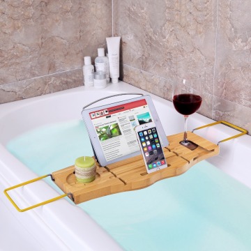 Bamboo Extendable Bathtub Caddy Tray Adjustable Side Rubber Grips Stainless Steel Rack Bathroom Organizer with Holder