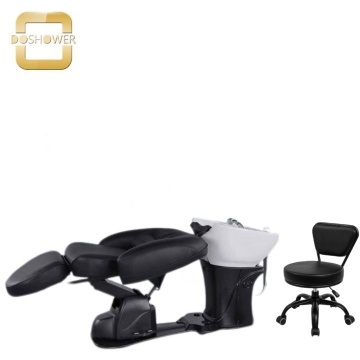 Electric Lifting Black Shampoo Station with Heating Pillow Chair and Stool for Hair Salons