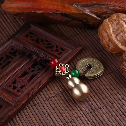 Handmade Vintage Brass Pixiu Keyring Pendants with Feng Shui Coins