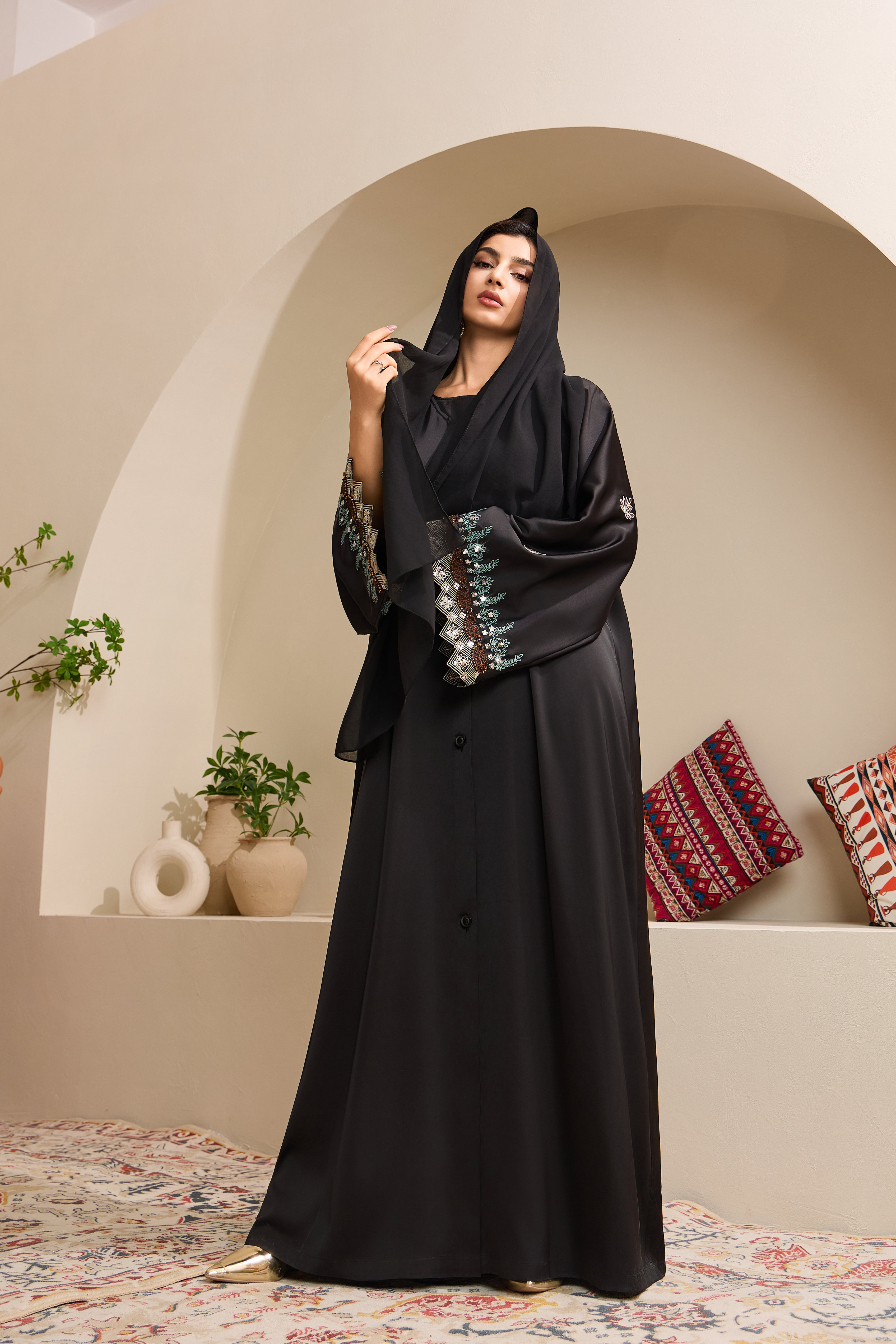 black embroidered cuff open abaya set walking front view