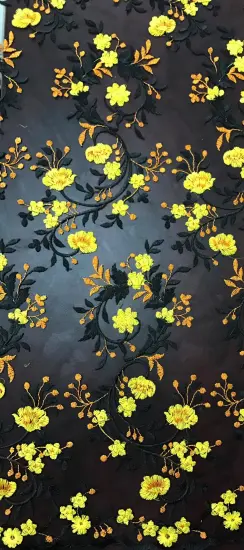 Black Branches And Yellow Flowers Mesh Embroider Fabric