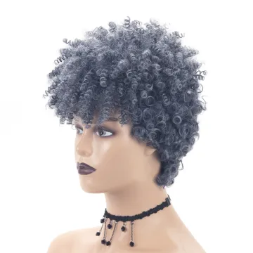 aishili wholesale short afro curly wigs with blue mixed grey pixie cut curly synthetic hair wig for black women