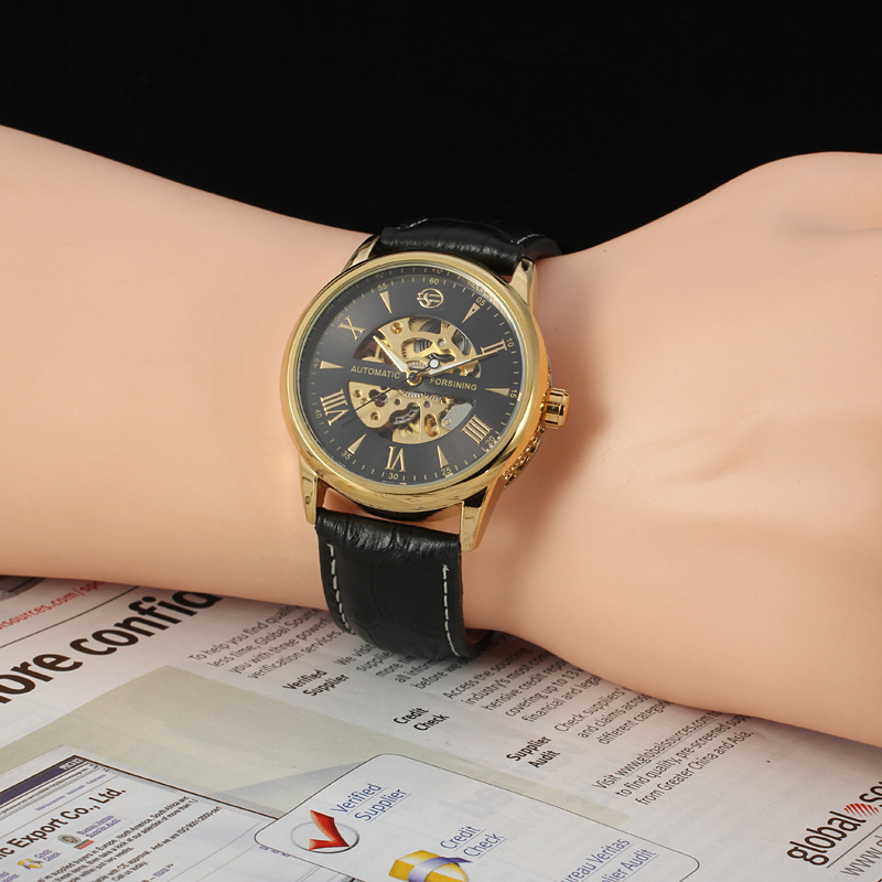 Leather Band Automatic skeleton gold dial watch