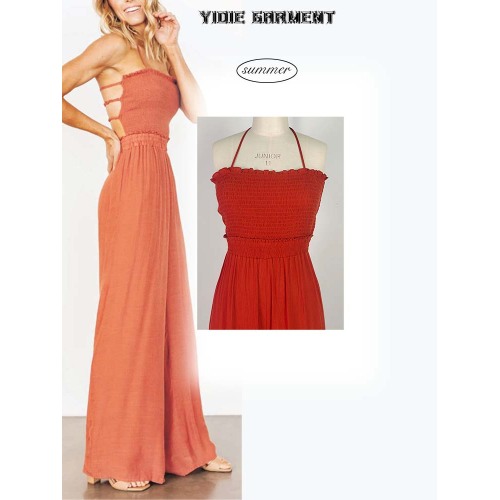 Cheesecloth Shirred Open Back Maxi Jumpsuit