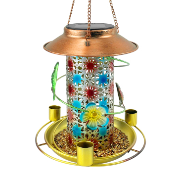 Alimentador de aves impermeable con luz solar de la linterna: ojo colgante al aire libre y decoración de flores talladas