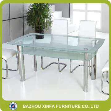 Double layer tempered glass metal chrome legs dining table made in china