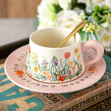 Vintage Hand-Painted Cherry Flower Mug & Saucer Set