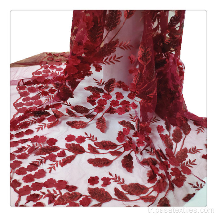 Çok renkli 3D Çiçekler Kumaş Şarap Kırmızı Çok Renkli 3D Çiçek Kumaş Lazer Kesim Düzensiz Pullar Kumaş