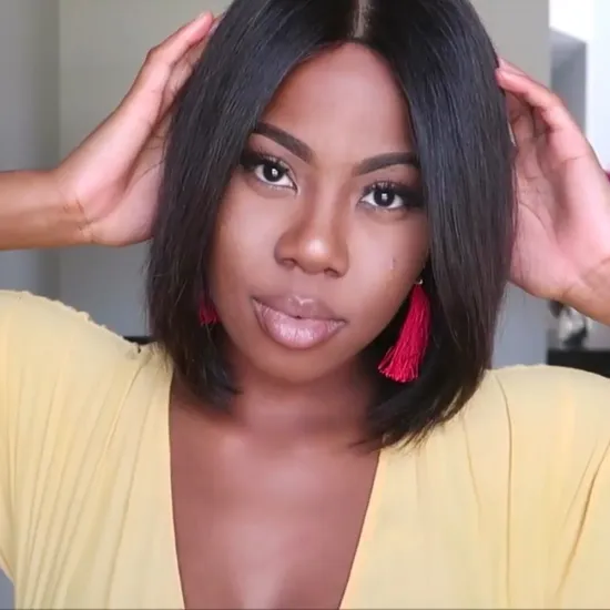 MegaLook Glueless 100% Straight Short Bob Brazilian Human Hair Closure Lace Front Wig For Black Women