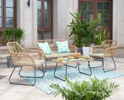 Outdoor Patio Courtyard Rattan Furniture Set - 4Pcs Garden Sofa