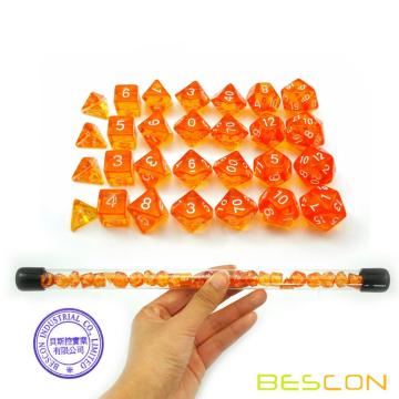 Bescon 28pcs Ensemble de Dés Polyhédral Orange Orange Translucide en Tube, Donjons et Dragons RPG Dés 4X7pcs, Ensemble de Dés Mini Gem