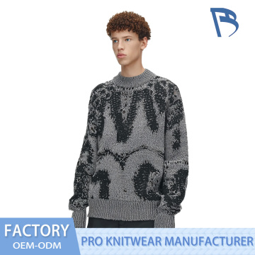 Sweater Leher Mock Jacquard Tertekan Tekstur Terkikis